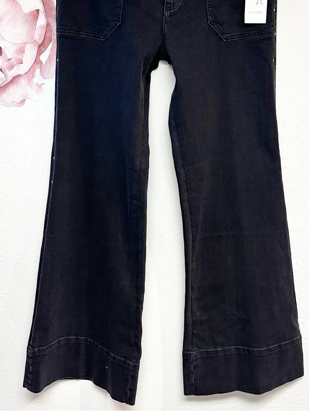 Pilcro Anthropologie The Rylan Black Studded Relax Hi Rise Flare Jeans NWT 32T - Picture 12 of 15